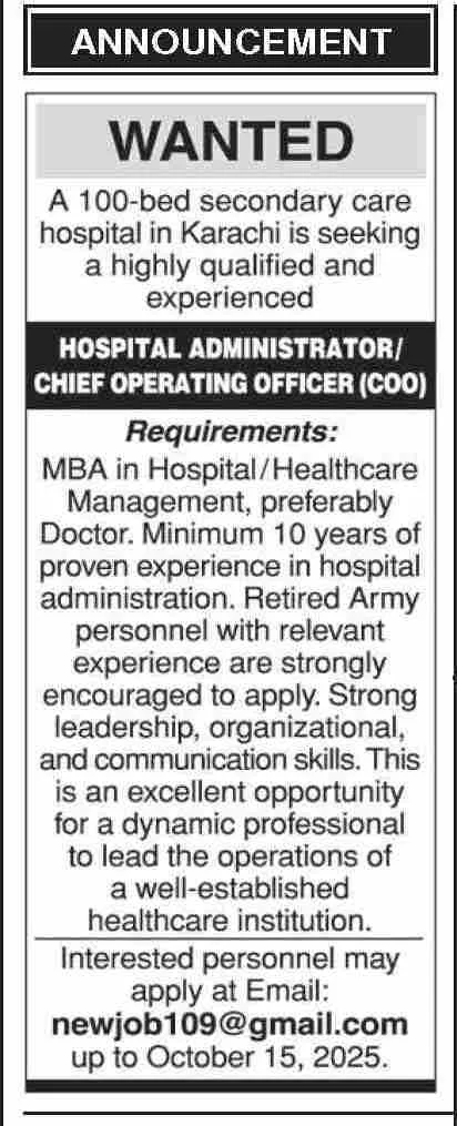 Secondary Care Hospital Karachi Jobs 2025