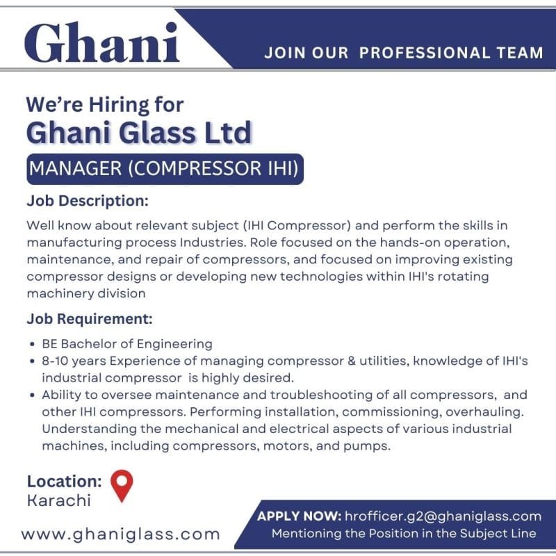 Ghani Glass Ltd Karachi Jobs For Manager