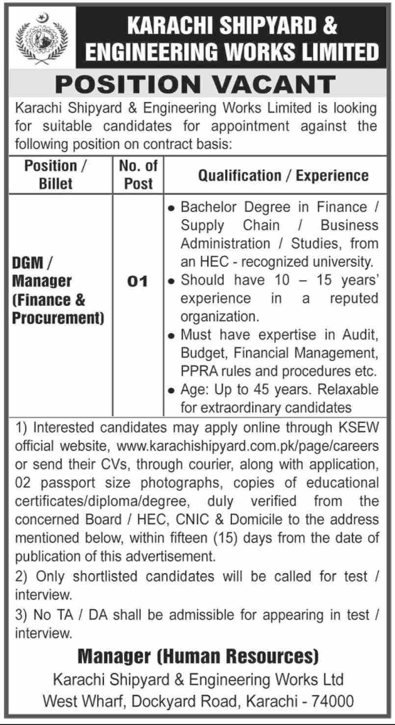 Karachi Shipyard And Engineering Works Limited Jobs 2025