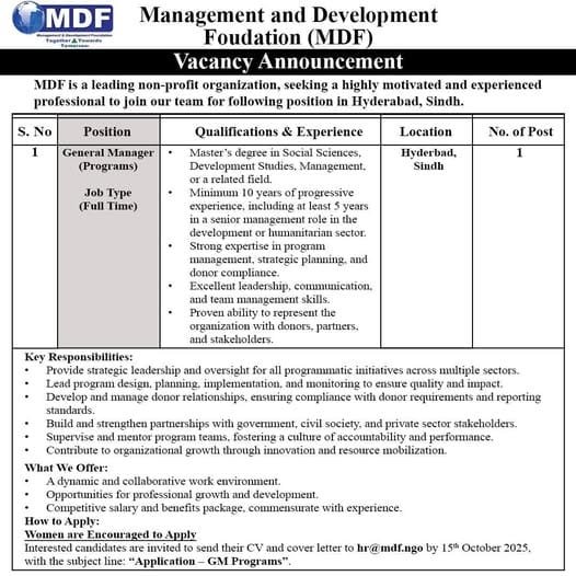 Management and Development Foundation (MDF) NGO Jobs