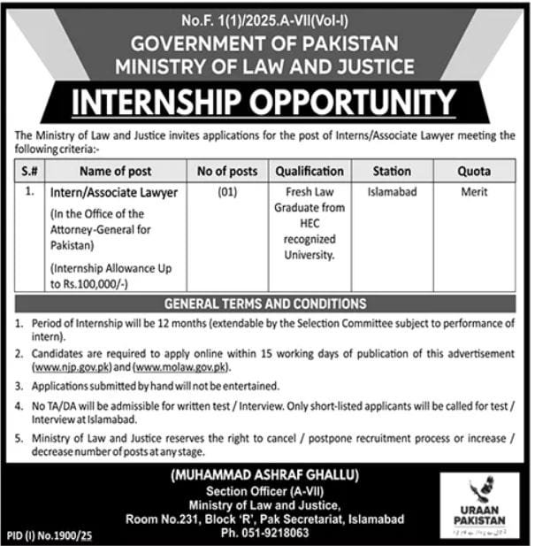 Ministry Of Law And Justice Islamabad Jobs 2025