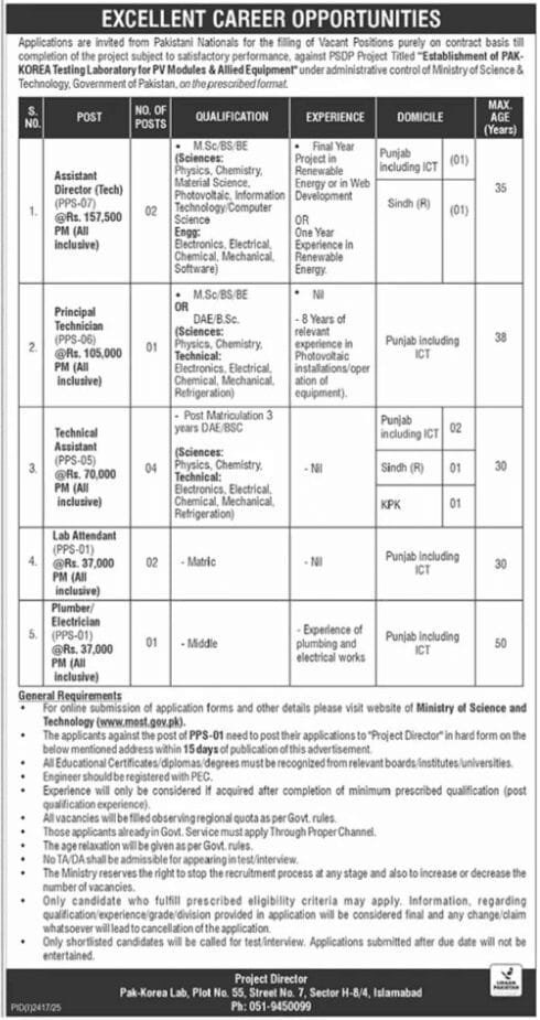 Ministry Of Science Technology MOST Jobs 2025