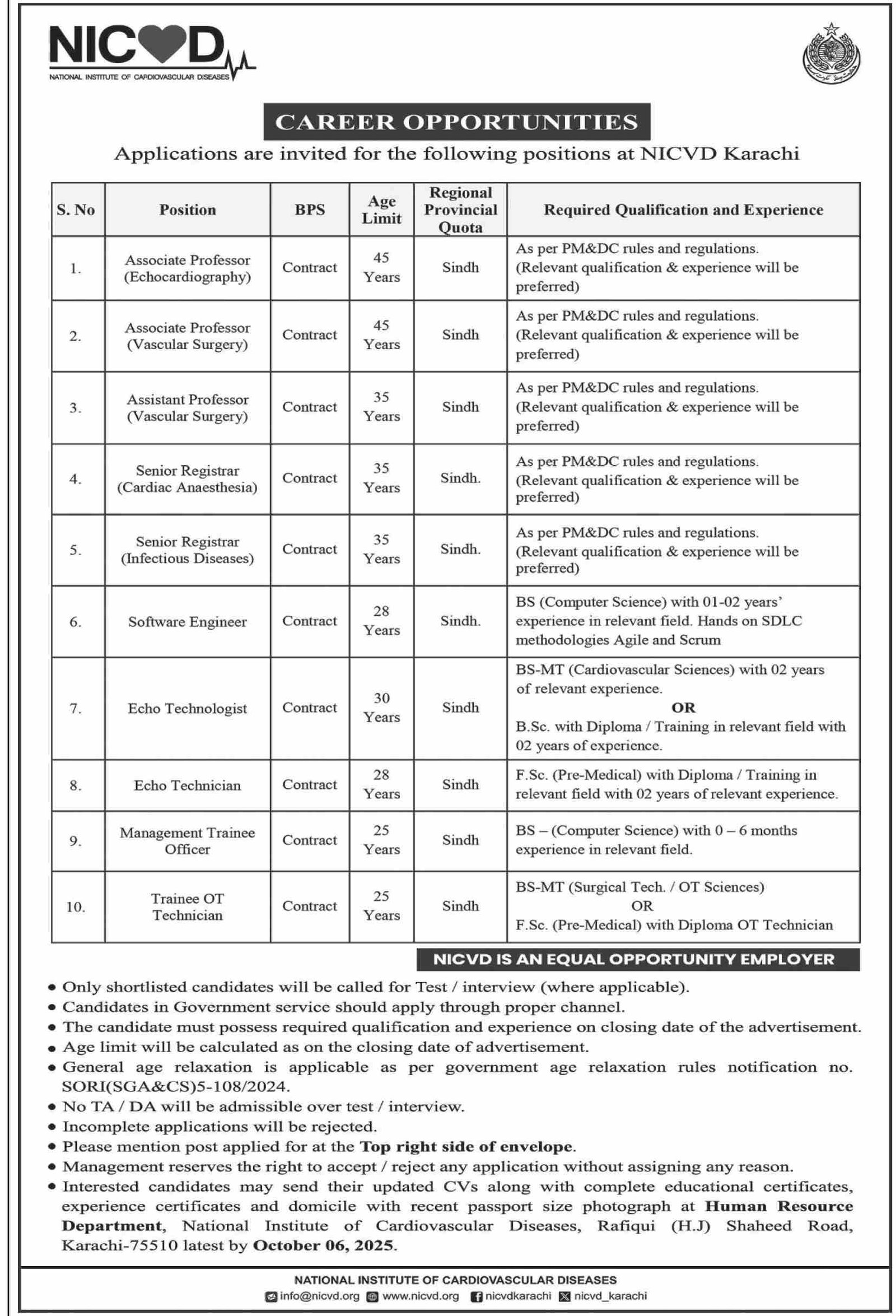 NICVD Jobs National Institute of Cardiovascular Diseases 2025 1 NICVD Jobs National Institute of Cardiovascular Diseases 2025. Exciting NICVD Karachi career opportunities await skilled professionals eager to make a significant impact in cardiac healthcare. The esteemed National Institute of Cardiovascular Diseases (NICVD) invites applications for various pivotal roles, fostering innovation and service excellence.