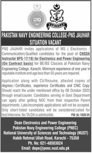Pakistan Navy Engineering College PNEC Sindh Jobs 2025