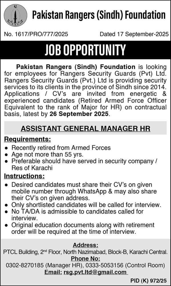 Pakistan Rangers Sindh Foundation Jobs 2025