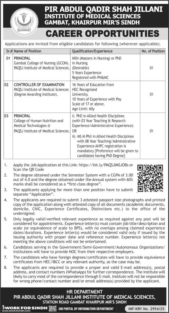 Pir Abdul Qadir Shah Jeelani Institute Of Medical Khairpur Jobs