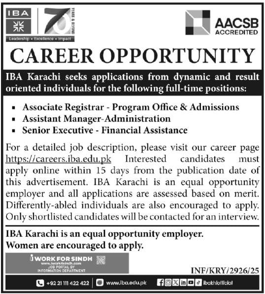 Positions At Institute Of Business Administration IBA Sindh