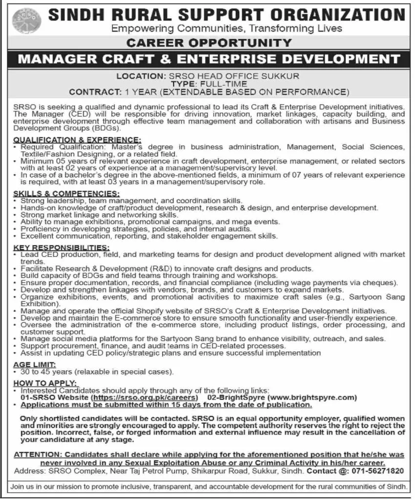 SINDH RURAL SUPPORT ORGANIZATION (SRSO) NGO Jobs in Pakistan
