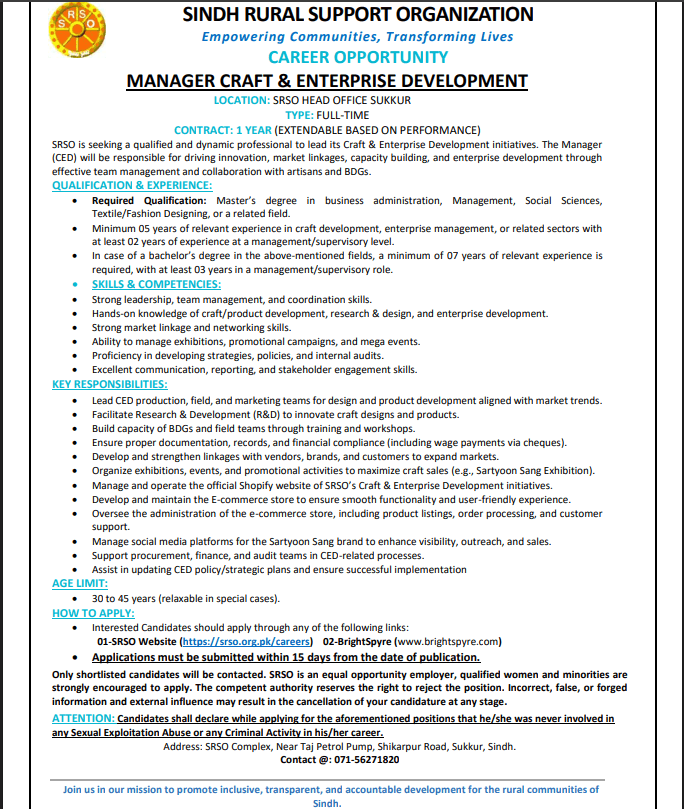 Craft Development Manager: SRSO NGO Jobs in Sindh