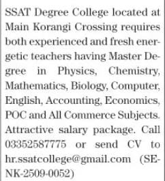 SSAT Degree College University Jobs Karachi