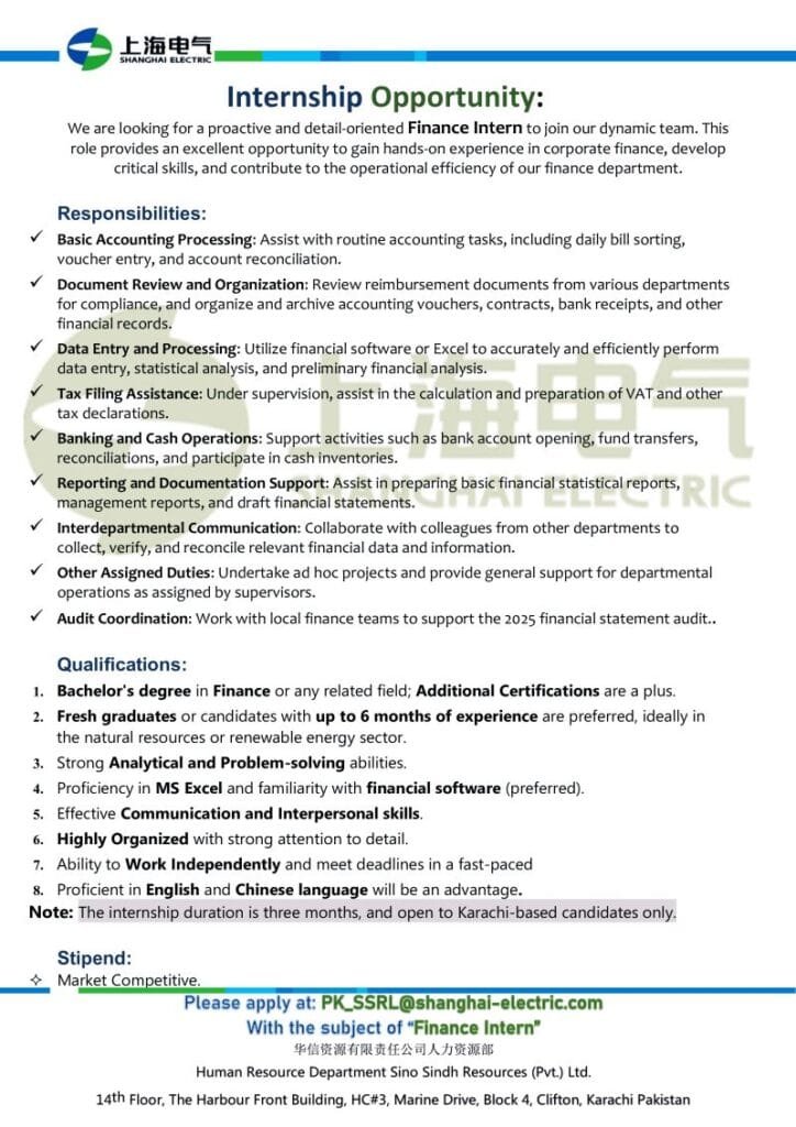 Shanghai Electric Finance Internship Opportunities