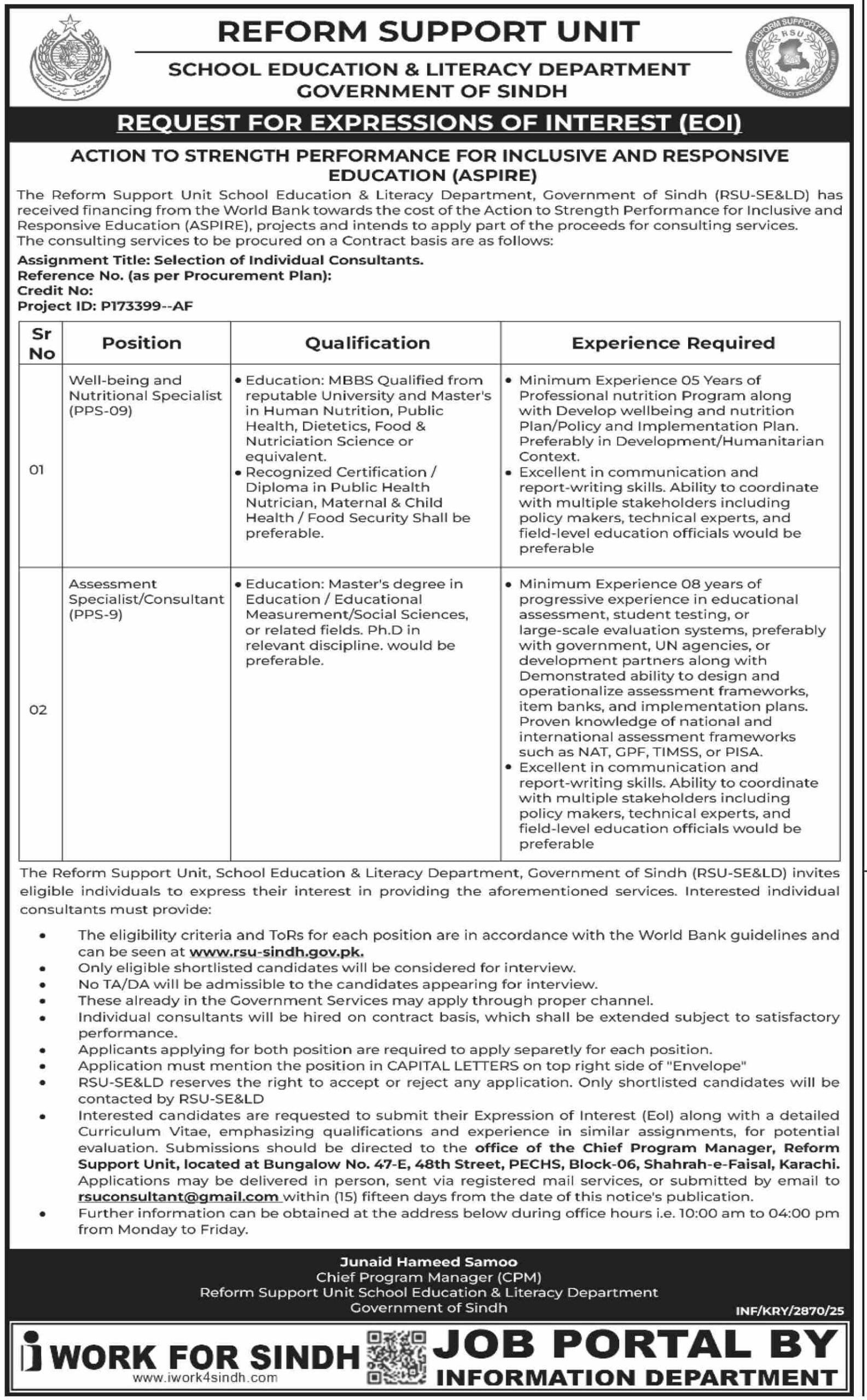 School Education and Literacy Department SELD Sindh Jobs