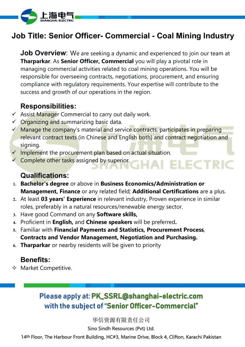 Shanghai Electric Company Thar Coal Jobs