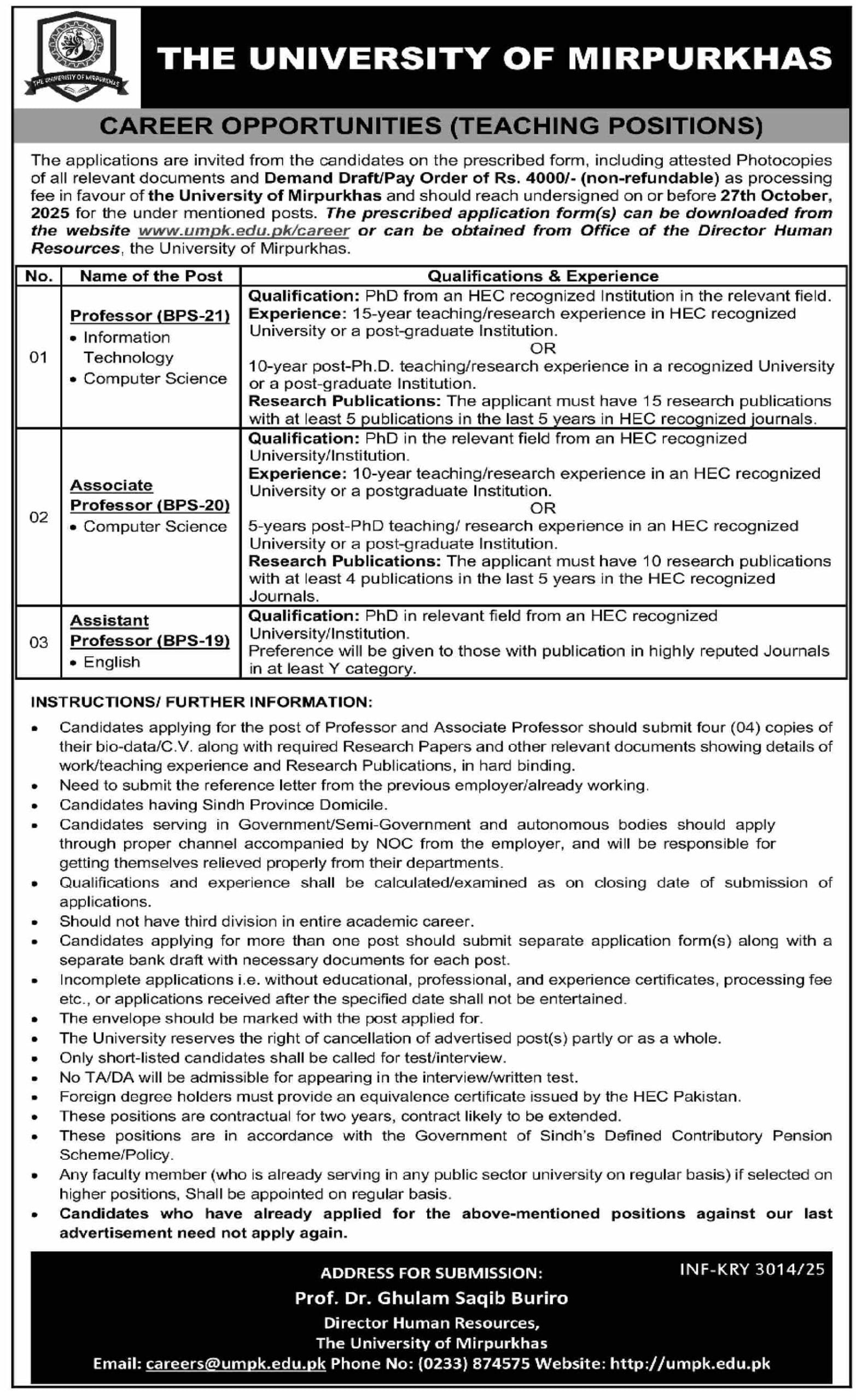 Teaching Positions At University Of Mirpurkhas