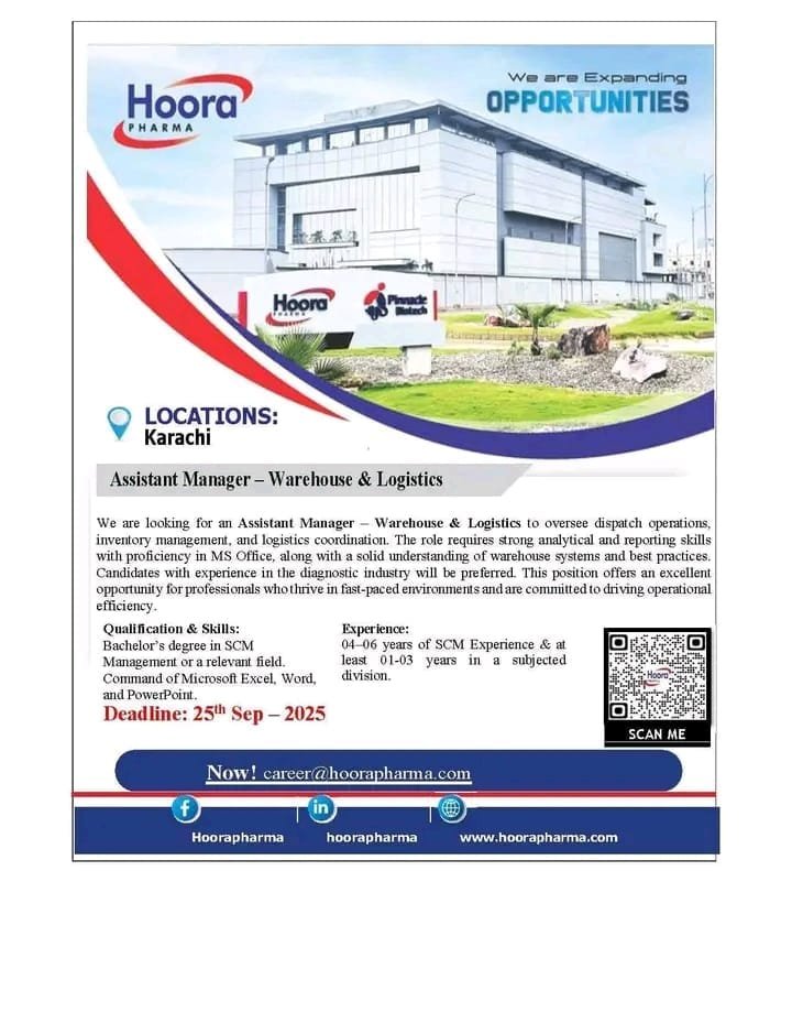 Assistant Manager Warehouse Logistics: Hoora PHARMA Company Karachi Jobs 1 Assistant Manager Warehouse Logistics: Hoora PHARMA Company Karachi Jobs