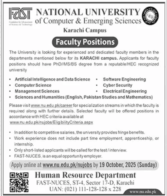 National University of Computer And Emerging Sciences Faculty Positions Karachi