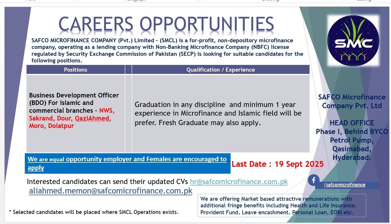 SAFCO Careers: SAFCO Microfinance Company SMCL 1 SAFCO Careers: SAFCO Microfinance Company SMCL