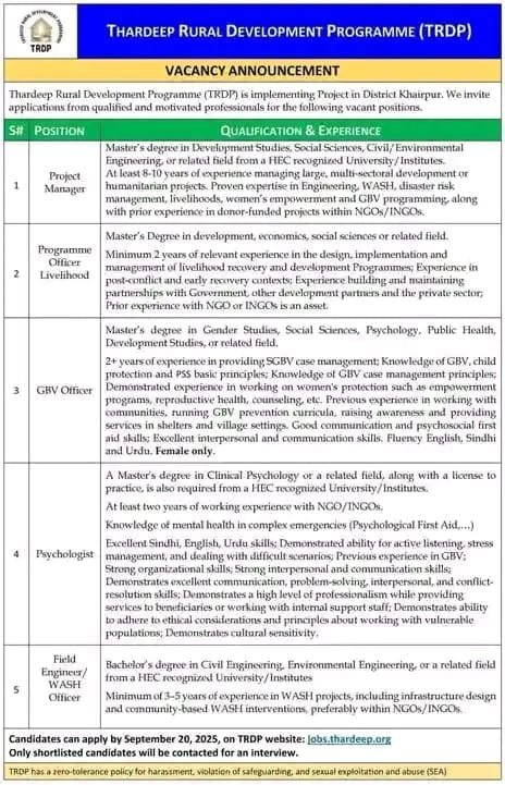 TRDP Thardeep Rural Development Program NGO Jobs in Pakistan