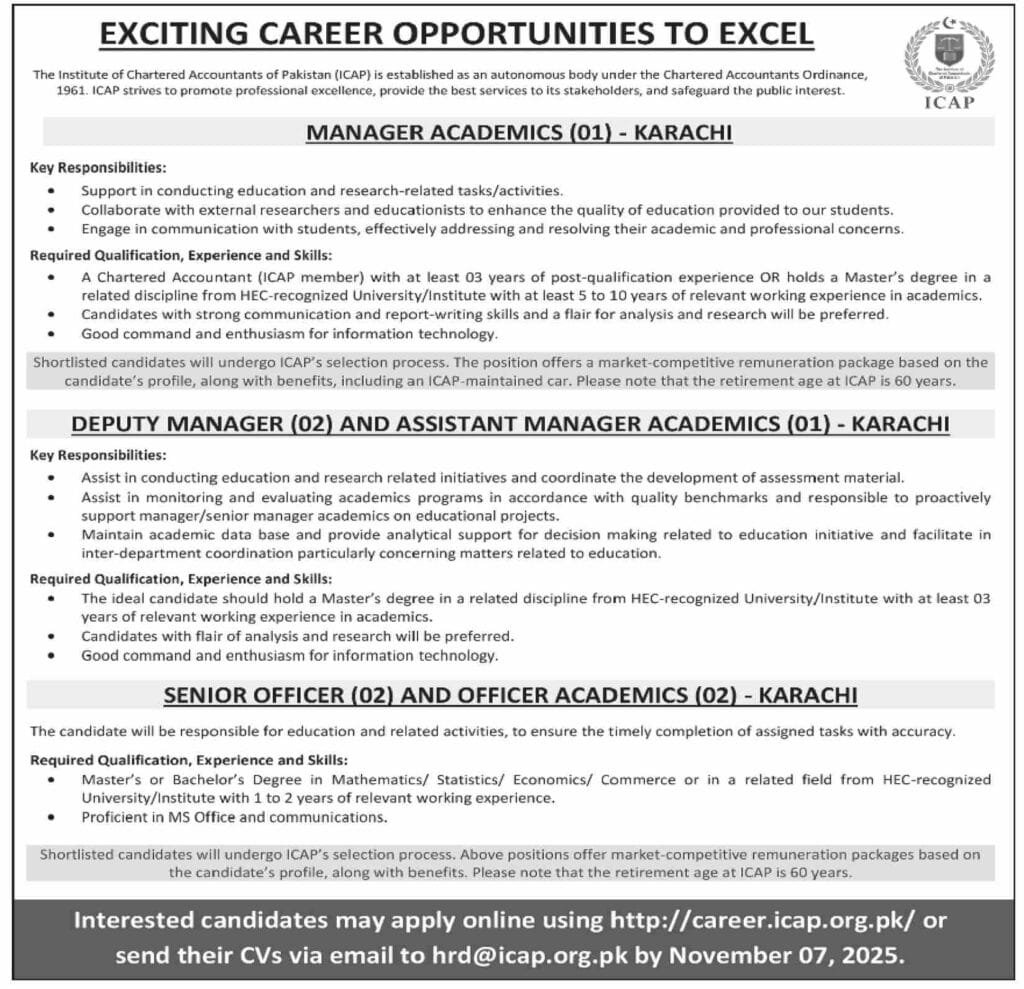ICAP Jobs Karachi: Institute of Chartered Accountants of Pakistan Jobs