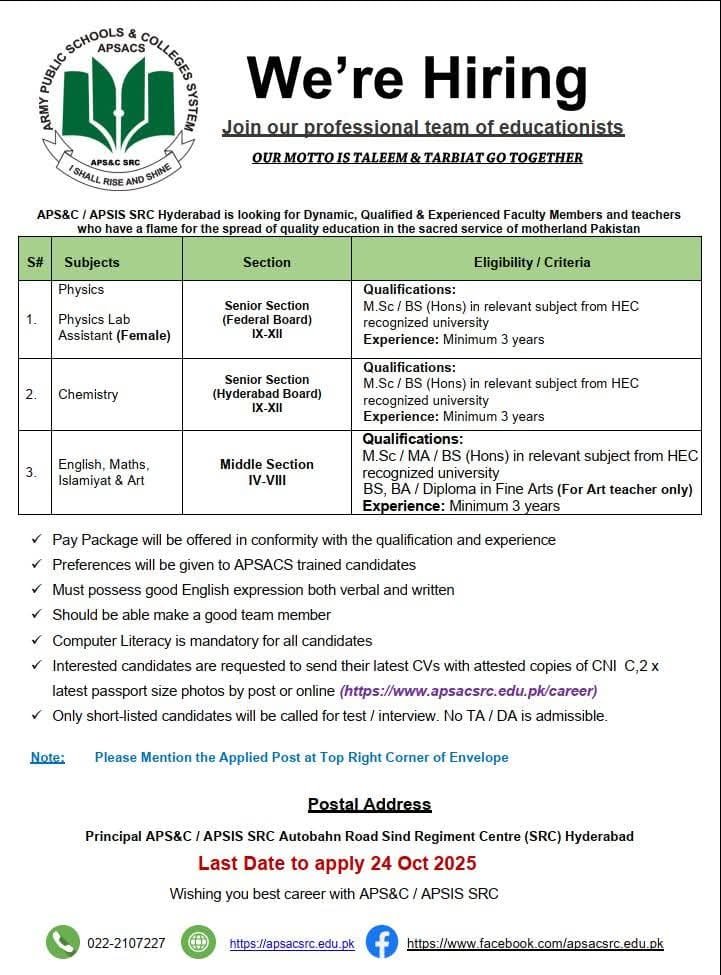 ARMY Public School Hyderabad Teaching Jobs 2025 New Posts