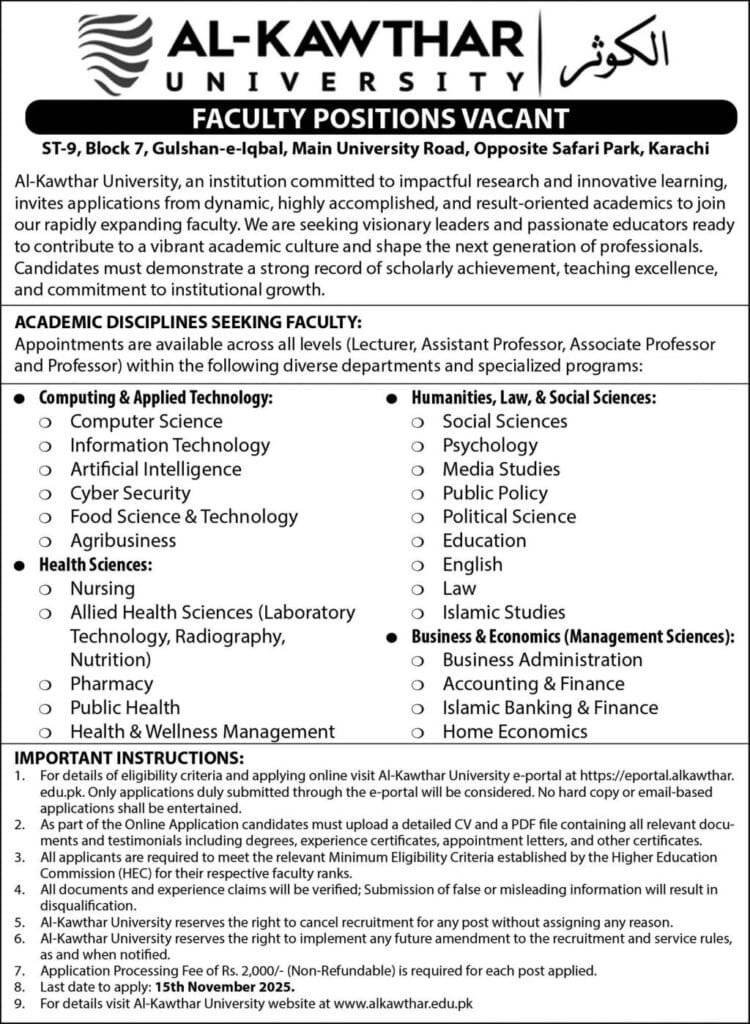 Al Kawthar University Jobs 2025 Latest Teaching Jobs in Karachi