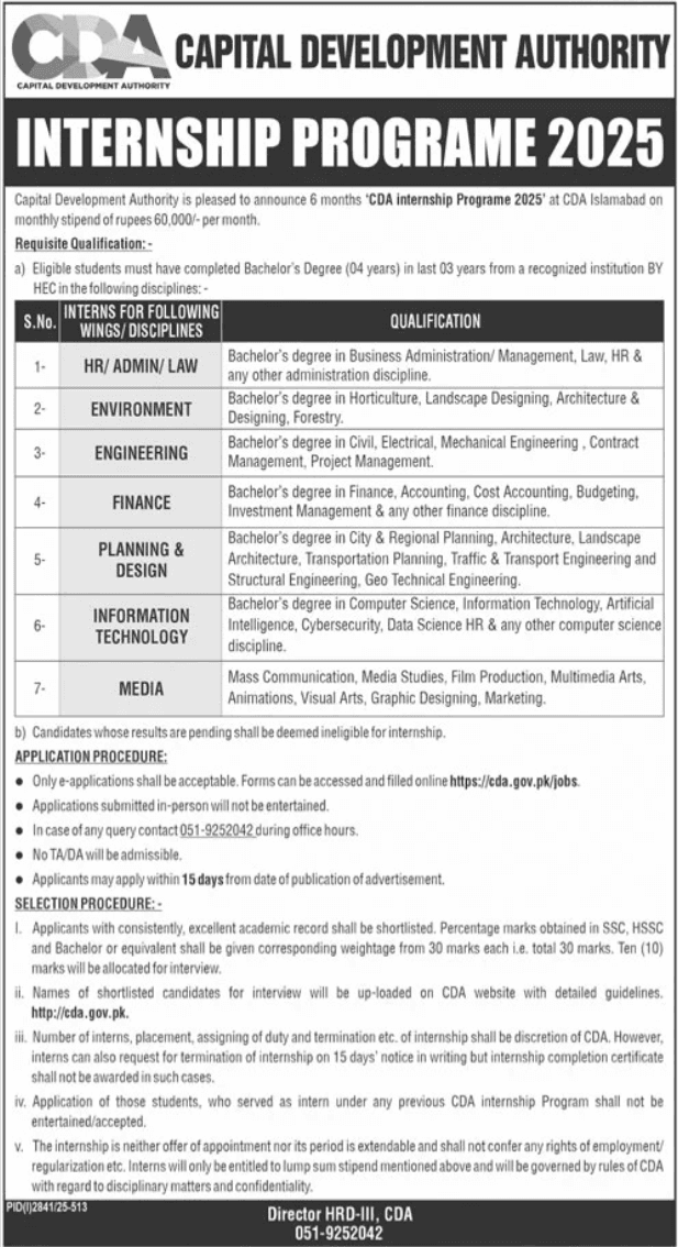 Apply Now For Capital Development Authority CDA Internship