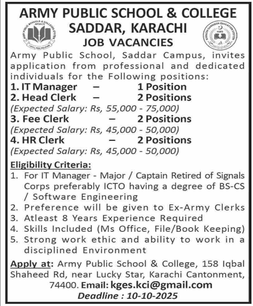 Best Army Public School and College Karachi Urgent Jobs