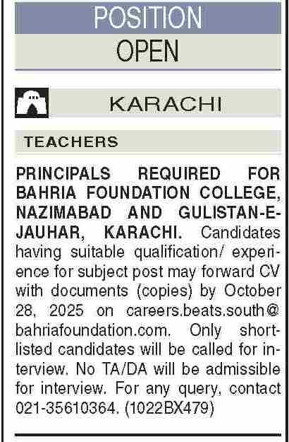 Bahria Foundation College Karachi Jobs in 2025