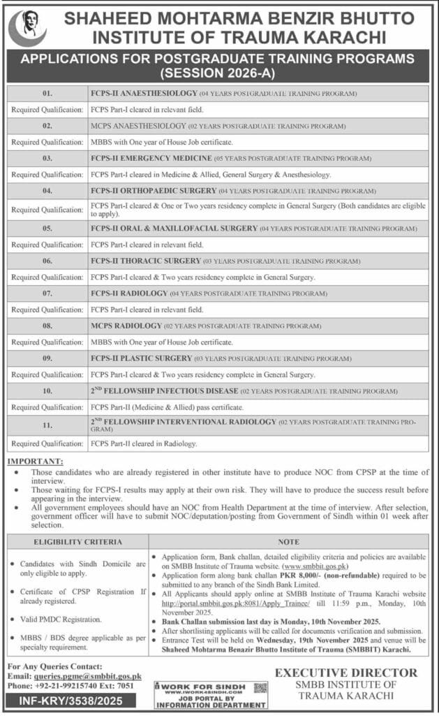 Benazir Institute Of Trauma SMBBIT Career Job Opportunities