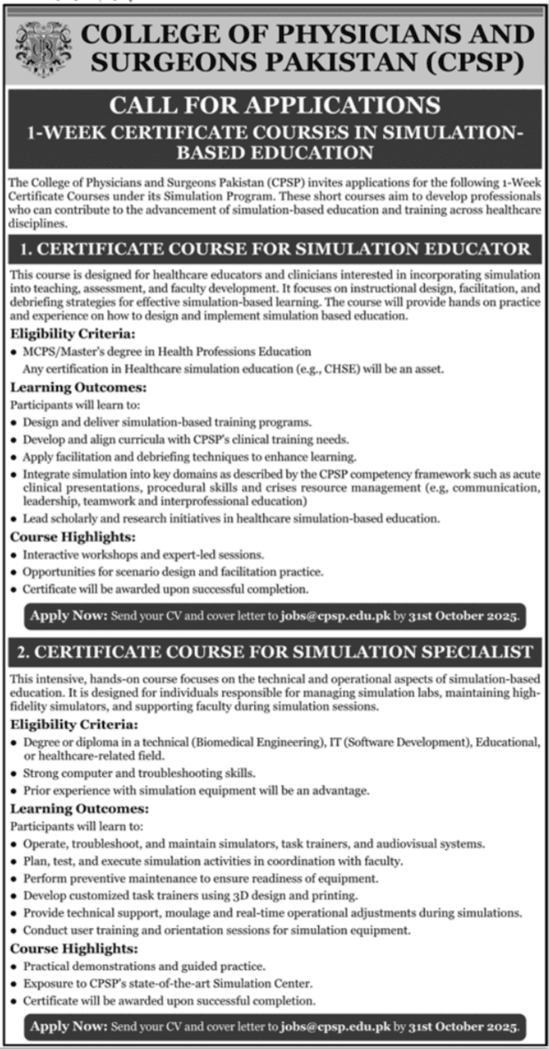 College Of Physicians and Surgeons Pakistan Karachi Jobs Apply Now