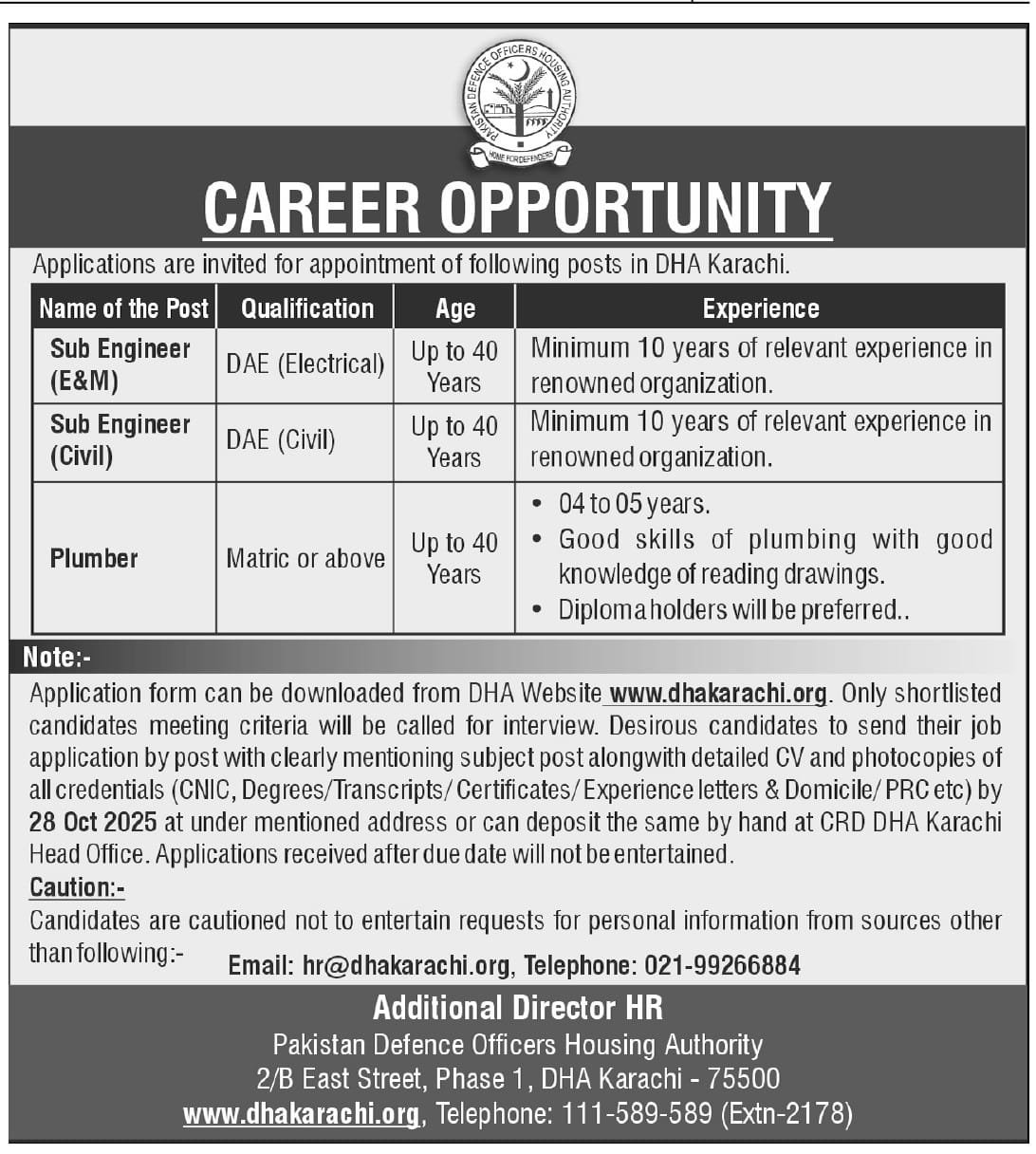 Defence Housing Authority DHA Karachi Jobs 2025 New Career Posts