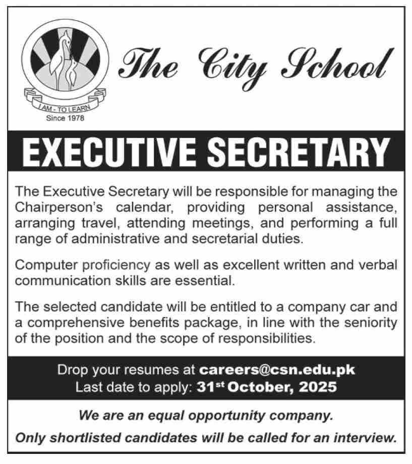 Executive Secretary Job At The City School Karachi Best Roles