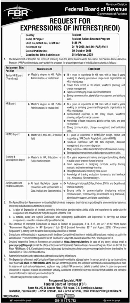 Federal Board Of Revenue FBR Jobs 2025