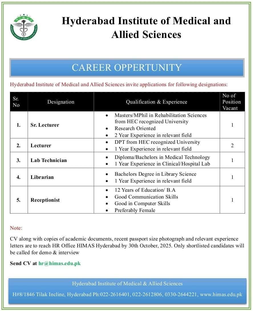 Hyderabad Institute of Medical and Allied Sciences Job Opportunities