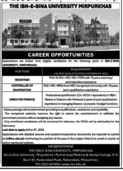 Ibn E Sina University Mirpurkhas Jobs New in 2025 Notice 1 Ibn E Sina University Mirpurkhas Jobs New in 2025 Notice