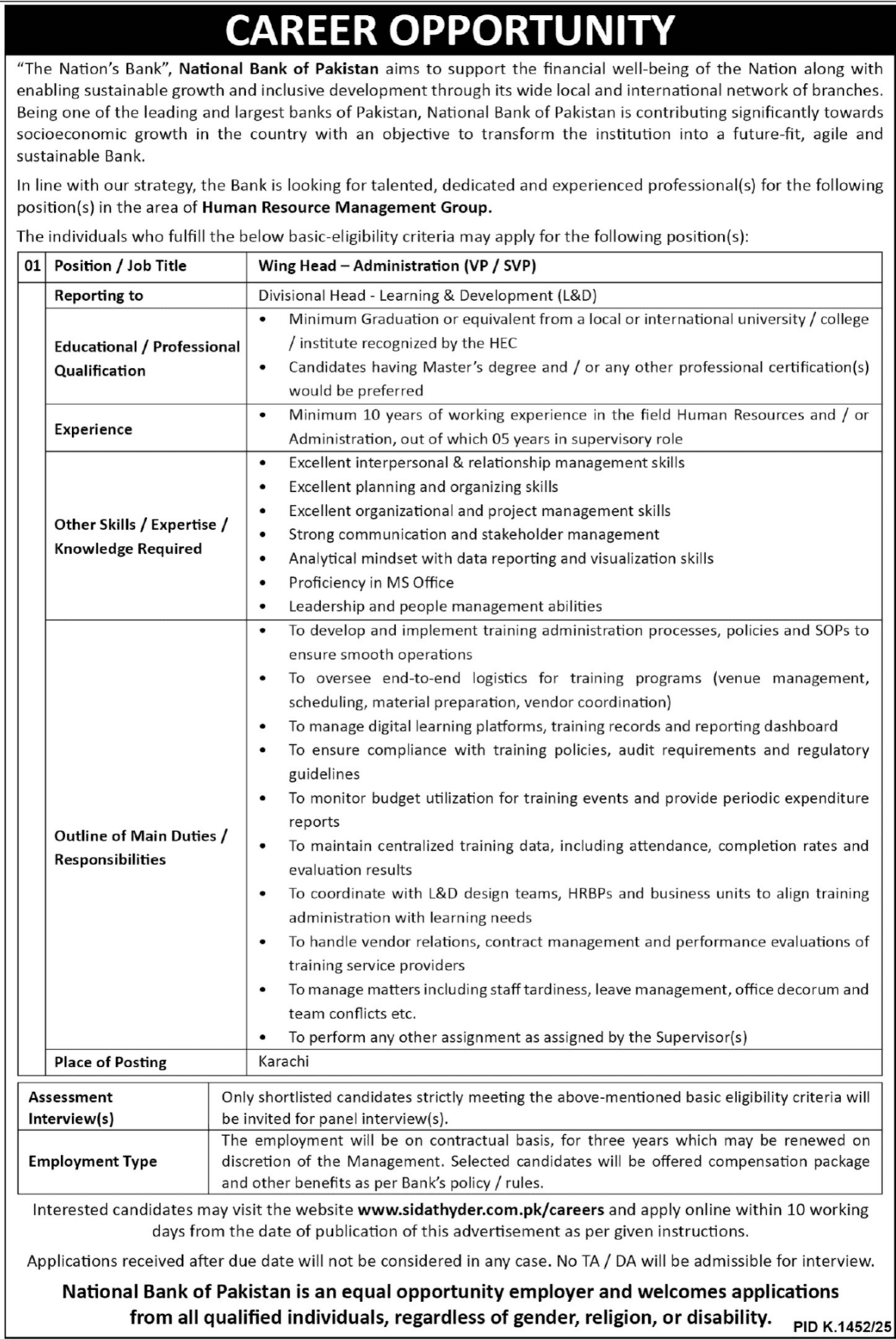 Job Opportunity At National Bank Of Pakistan NBP Karachi