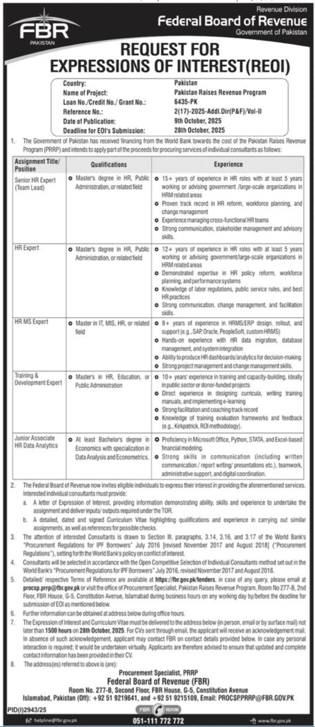 Government Federal Board Of Revenue FBR Jobs Urgent 2025
