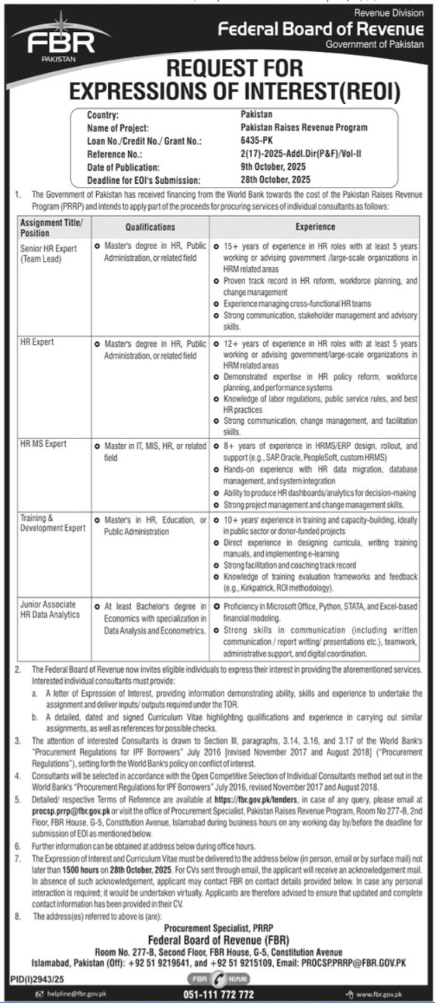 Government Federal Board Of Revenue FBR Jobs Urgent 2025