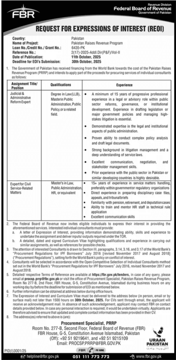Jobs At Federal Board Of Revenue FBR 2025 Urgent