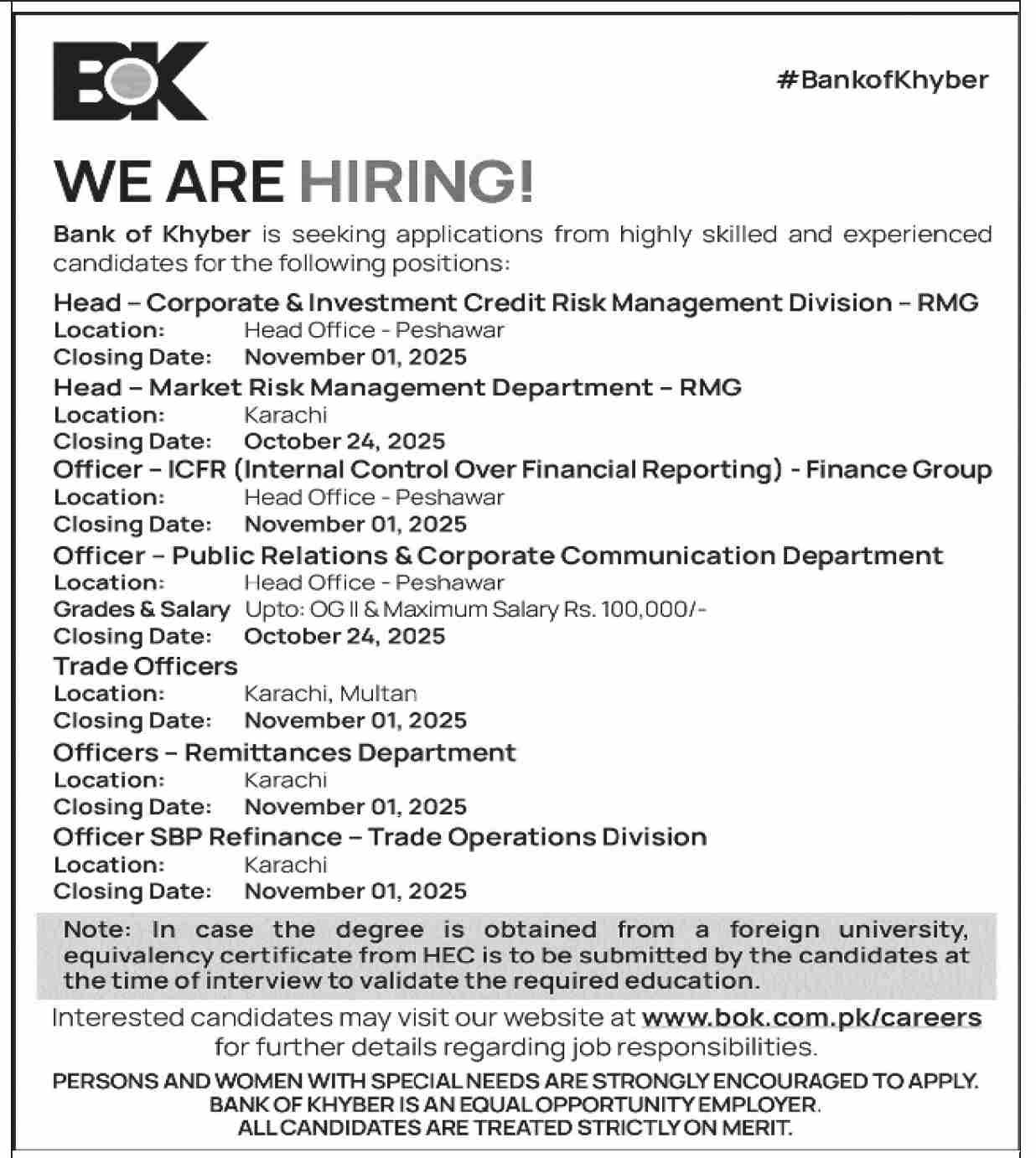 Latest Jobs At The Bank Of Khyber BOK Karachi 2025
