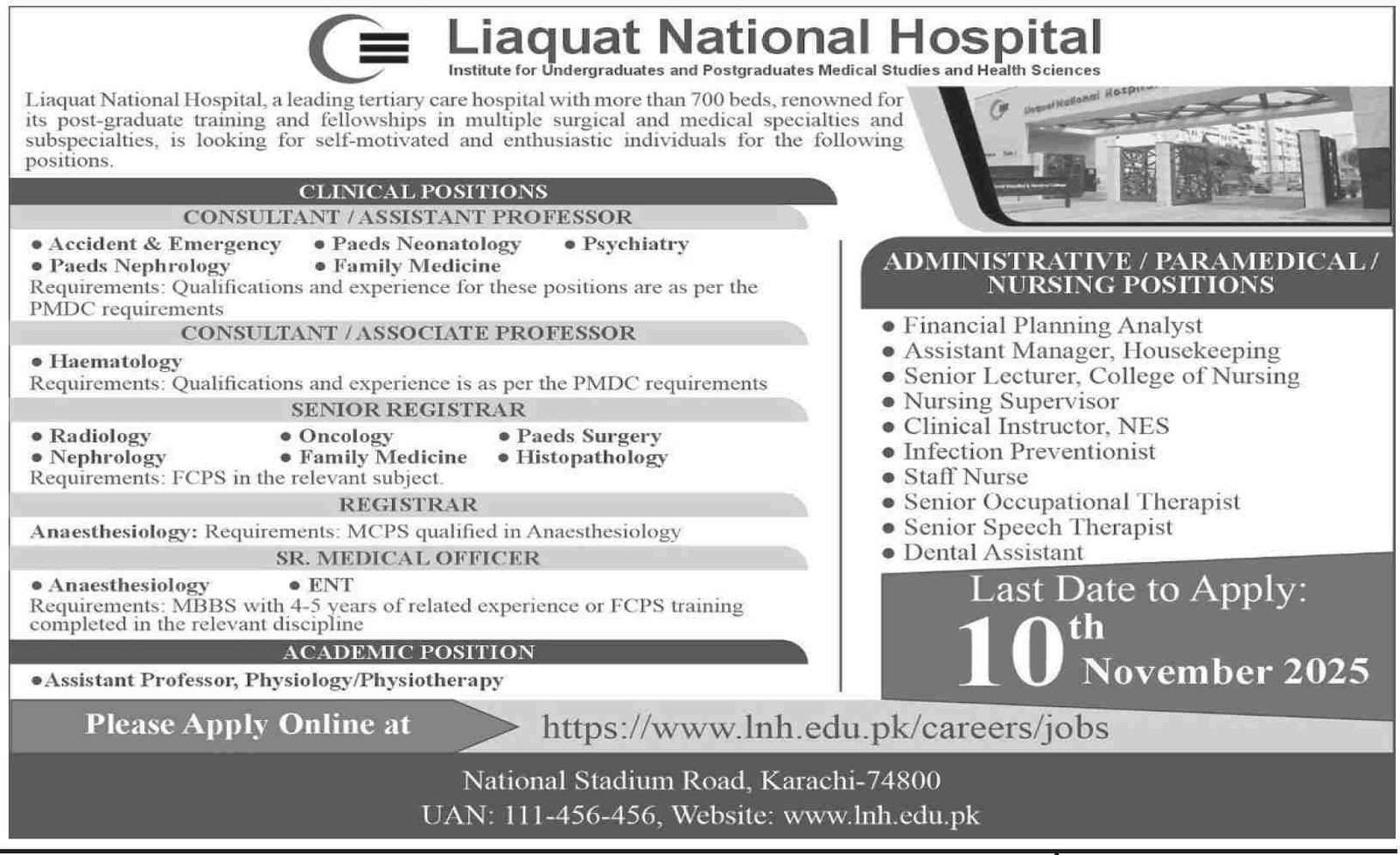 Career Jobs At Liaquat National Hospital LNH Urgent Basis