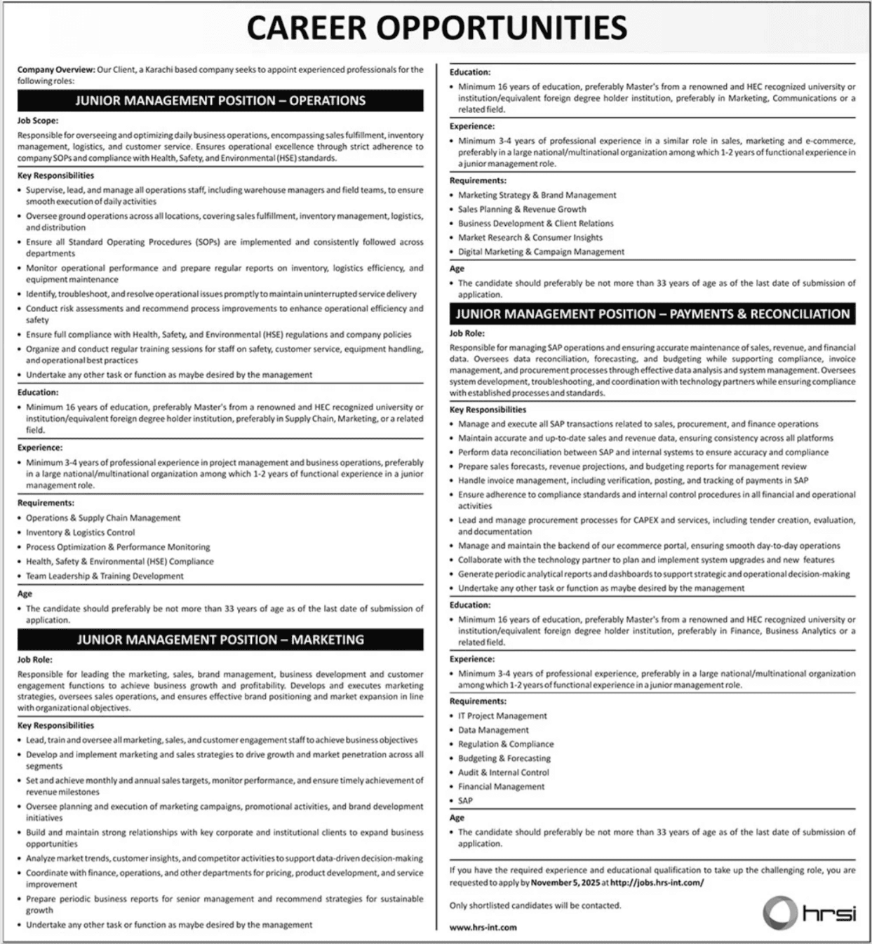 Junior Management Position Operations Karachi Jobs 2025