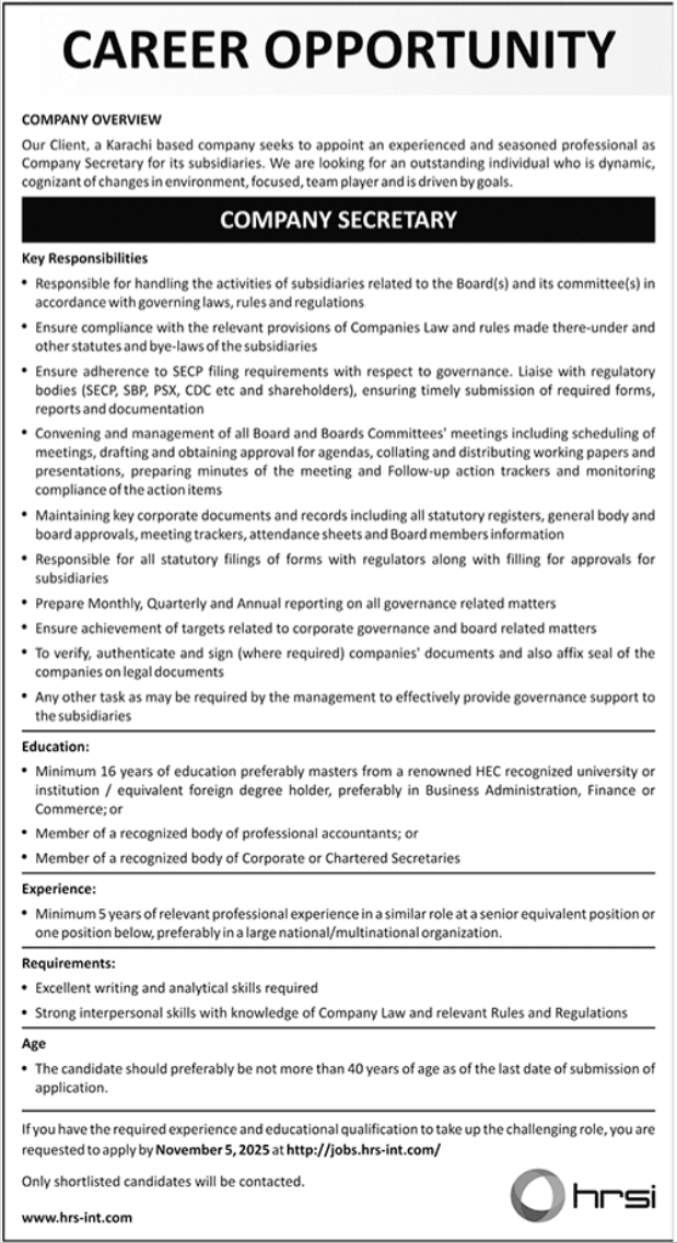 Latest Company Secretary Jobs 2025 In Karachi