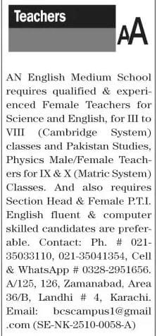 Latest English Medium School Teaching Jobs in Karachi 2025