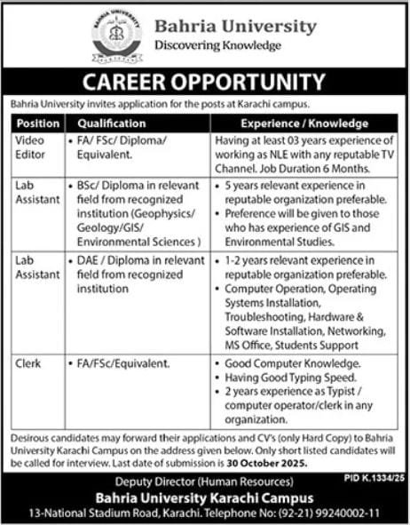Latest Jobs At Bahria University Karachi 2025