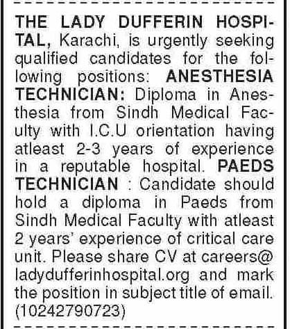 Latest Lady Dufferin Hospital Medical Jobs in Karachi 2025