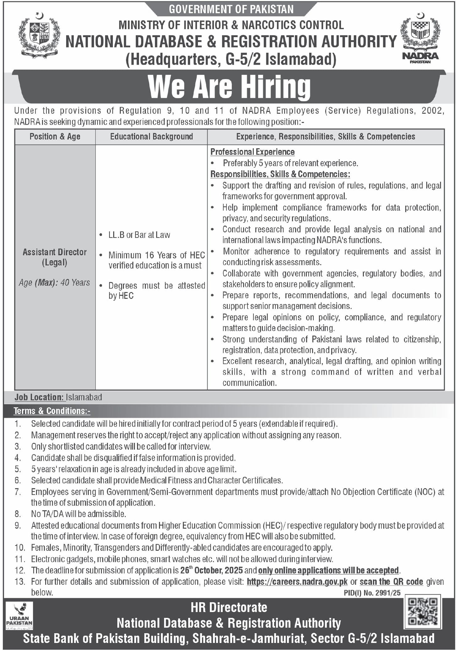 Assistant Director Legal New Job Opportunity At NADRA