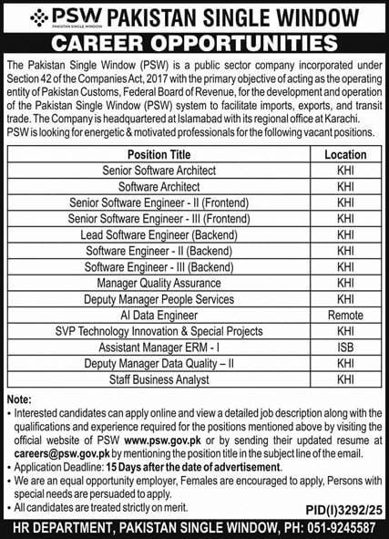 Latest Pakistan Single Window PSW Karachi Jobs 2025