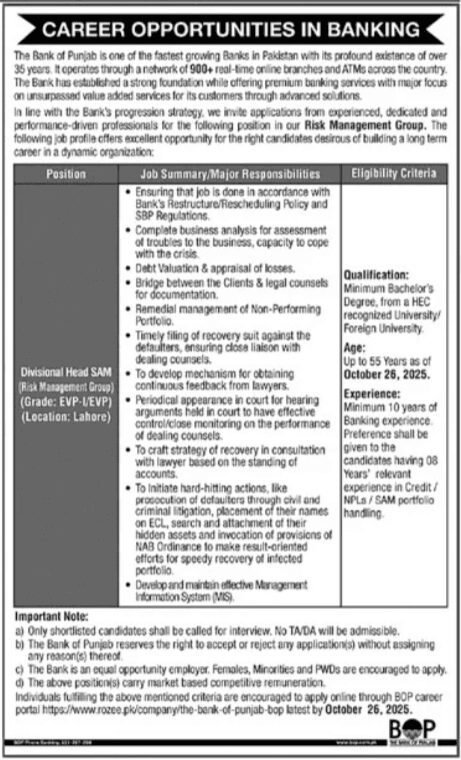 Latest The Bank Of Punjab BOP Sindh Jobs In 2025
