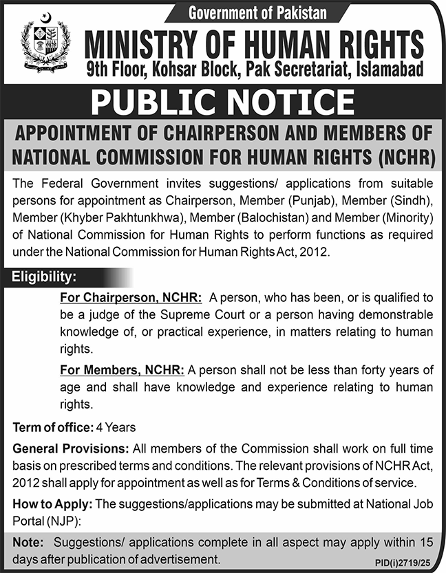 Ministry Of Human Rights Govt Pakistan Jobs 2025